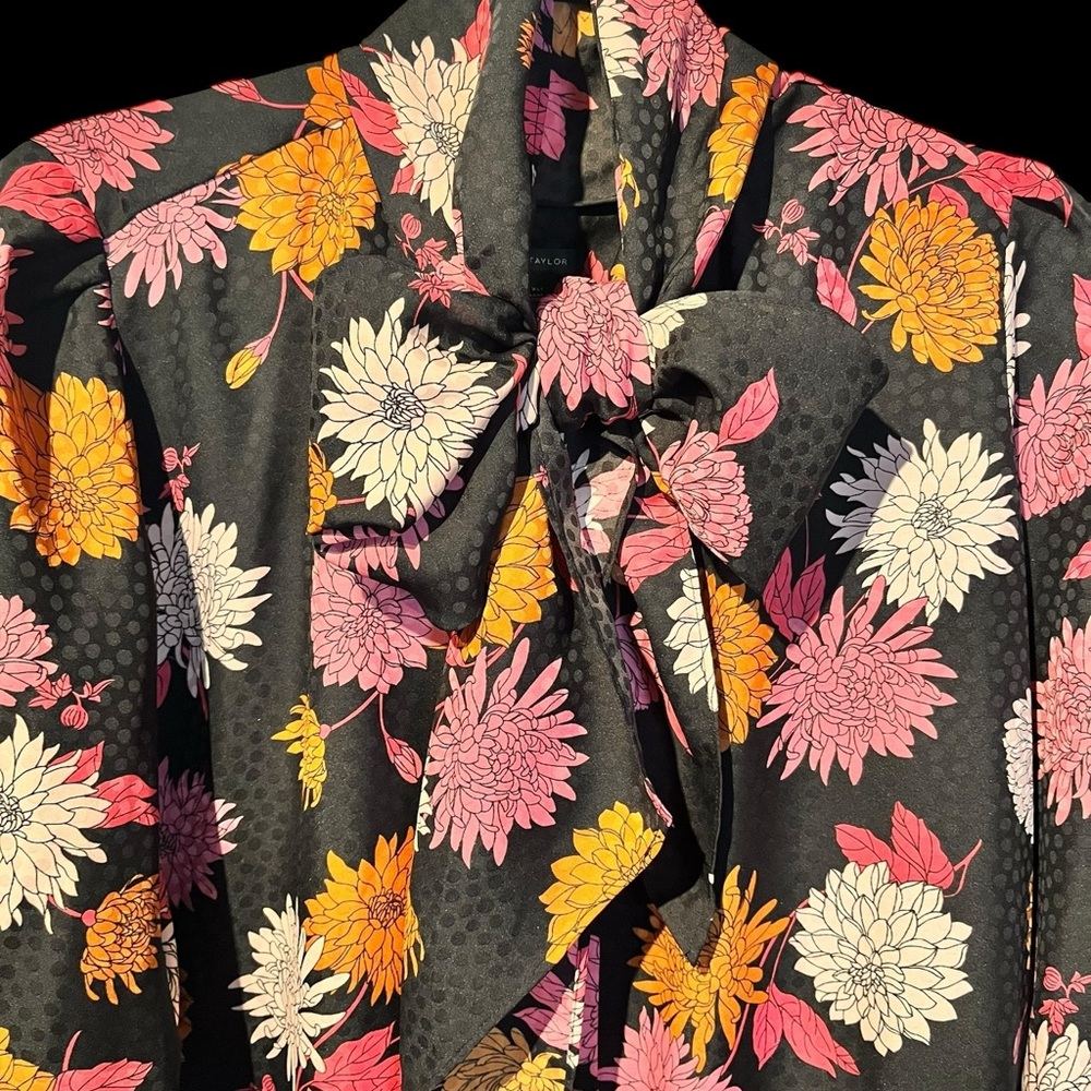Ann Taylor Black Floral Blouse with Bow